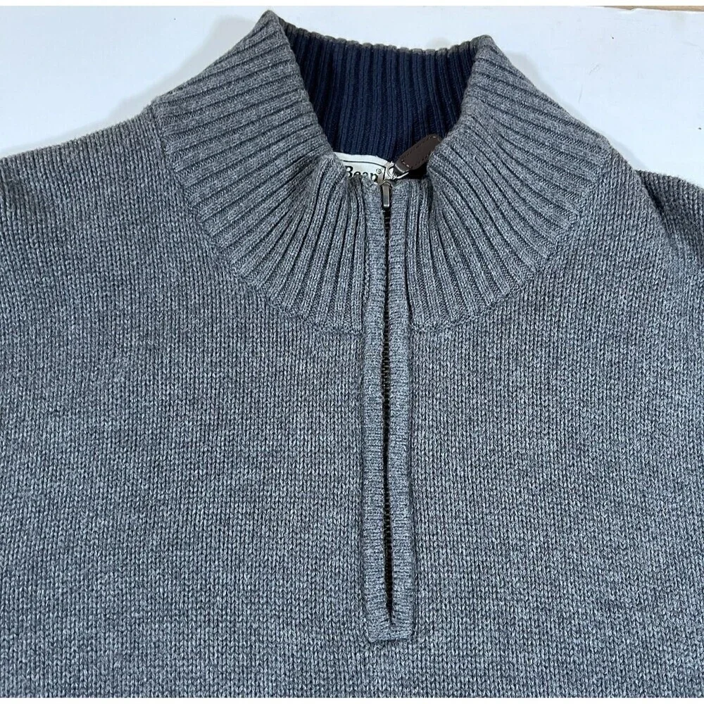 LL Bean 1/4 Zip Grey Cotton Knit Mock Neck Pullover Sweater Men's Size XL
